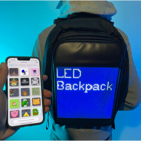 A person wearing a backpack with a customizable LED screen on the back, controlled via a smartphone app.